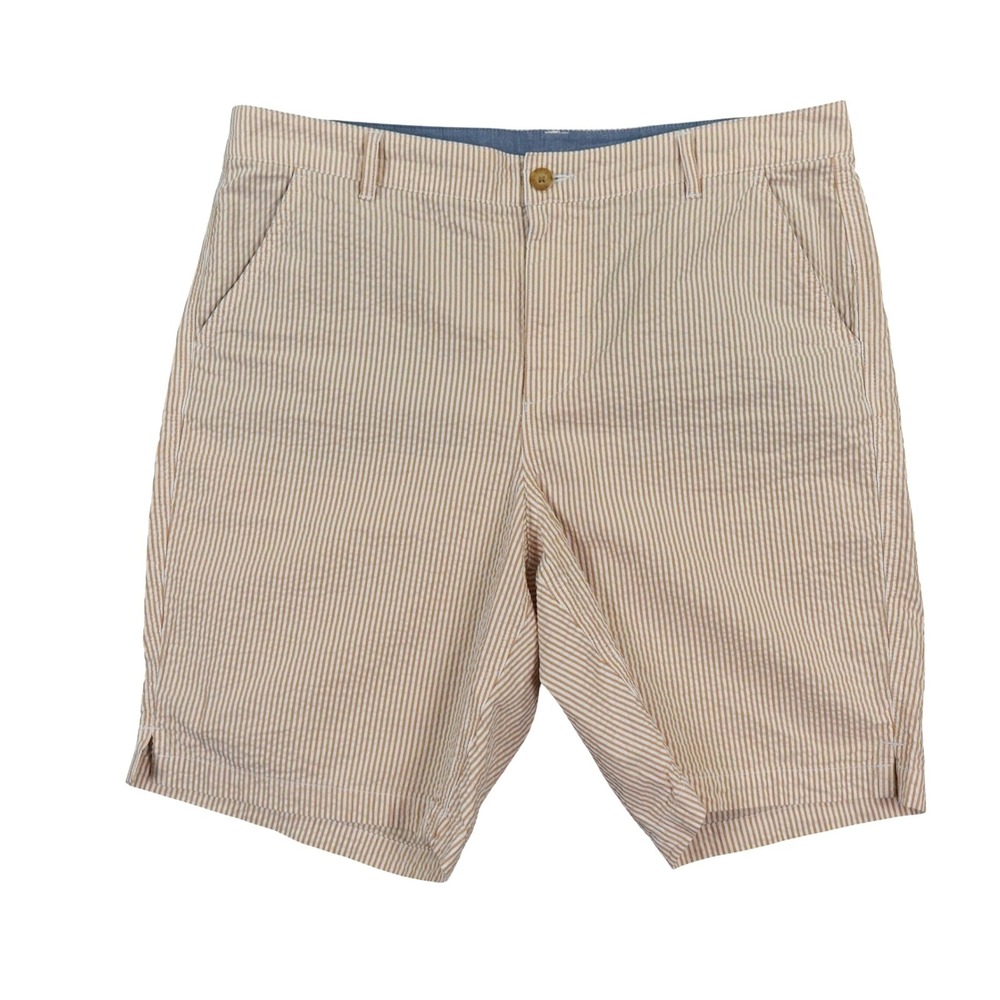 LL Bean Seersucker Shorts Women 16‎ Tan White Striped Preppy Summer 9 Inseam